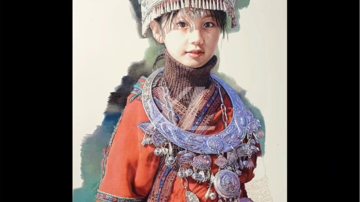 Gadis Etnis Miao – sebuah karya yang dibuat dengan sepenuh hati – gambar pensil warna – realistis – 