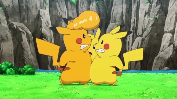 Shiny Pikachu provokes Pikachu