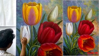 CARA MENGGAMBAR - MELUKIS BUNGA TULIP BESAR / LUKISAN AKRILIK KARYA DANDAN SA, Tutorial 101