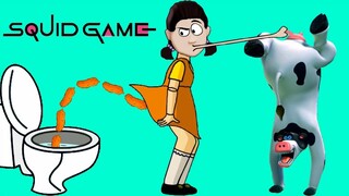 SQUID DOLL's tummy doesn't work, a MMMM COW helped her. Squid Game animation. Funny moments