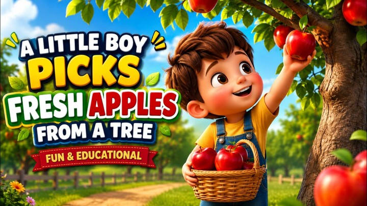 ‎Watch this fun and educational 3D cartoon video where a little boy picks a fresh apples from a tree