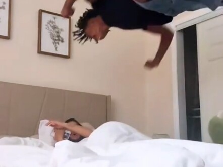 Jump up and pounce on his girlfriend.