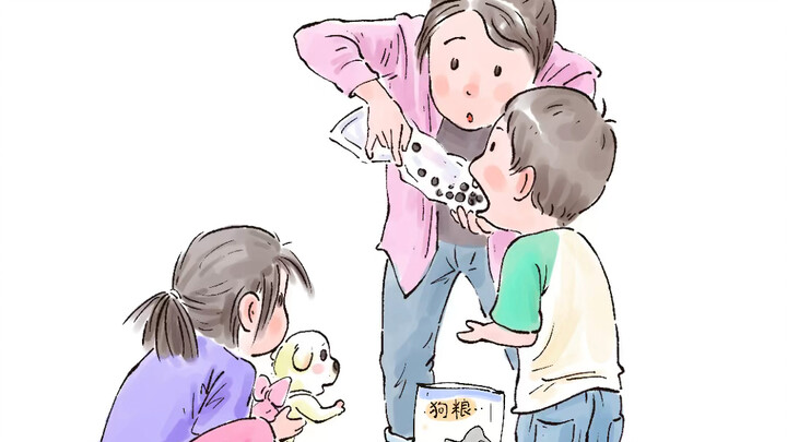 Mẹ: Há to miệng ra, nhanh ăn đi! Chú cún còn đang đói đấy.