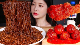 짜장라면 매운양념치킨 먹방/BLACK BEAN NOODLES & SPICY FRIED CHICKEN MUKBANG Mie kacang hitam, Ayam goreng pedas