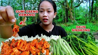 MUKBANG CUMI OSENG MERCON DAUN SINGKONG REBUS LALAPAN MENTAH#mukbanglalapan#cumimercon#asmr