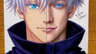 Gojo Satoru เวอร์ชันอนิเมะเทียบกับ Gojo Satoru เวอร์ชันในชีวิตจริง การวาดภาพและระบายสีอย่างรวดเร็ว