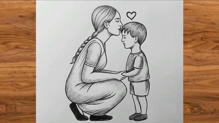 mother and son love sketch art