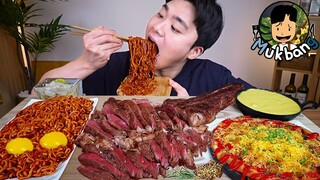 ASMR MUKBANG 짜파게티 & 치즈 & 스테이크! TRUFFLE OIL BLACK BEAN NOODLES & STEAK & CHEESE EATING SOUND!