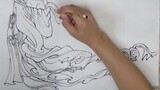 Gunakan garis anggun untuk menggambar lukisan tradisional wanita cantik, Chang'e dan Kelinci Giok, d