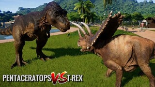 Jurassic World Evolution - Pentaceratops & T-Rex Breakout & Fight! (1080p 60FPS)