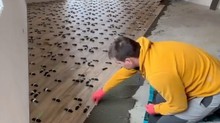 Process of laying wood-look floor tiles