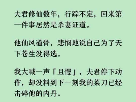（已完结）我大喊一声「且慢」，夫君停下动作，却没料到下一刻我的菜刀已经击碎他的内丹