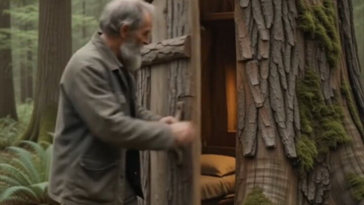 old man create tree stump shelter in 20 second 🤯🤯🤯🤯🤯 #aivideo #shalter #hidden #old