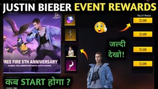 Justin Bieber Event 🤩 - Free Rewards | Confirm Date | Free Fire 5th Anniversary Event | New Update