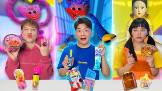 Thử Thách Ăn Đồ Ăn Theo Màu Huggy Wuggy VS Kissy Missy VS Búp Bê Squid Game