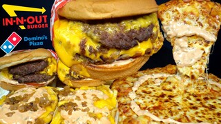 ASMR MUKBANG ANIMAL STYLE IN-N-OUT DOUBLE BURGERS EXTRA CHEESE PIZZA & FRIES | WITH CHEESE & RANCH