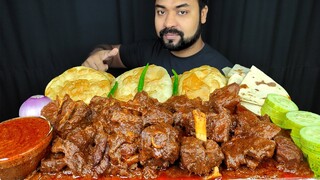 HUGE SPICY MUTTON ROGAN JOSH, SOFT LUCHI/ PURI, NAAN, SALAD, CHILI, ONION ASMR MUKBANG EATING SHOW |