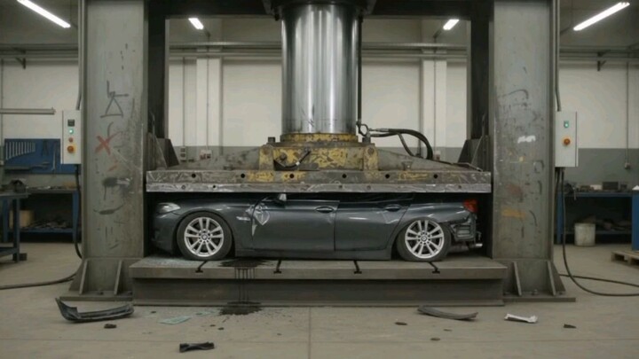 Create a hyper-realistic industrial video of a hydraulic press crushing a [OBJECT] in a real worksho