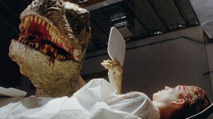 A man's brain is transplanted into a dinosaur's body; when he picks up a mirror, he's shocked by the