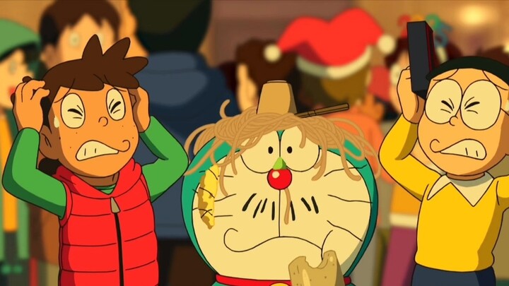 Nobita and Doraemon go to Spain for New Year's Eve. They have to eat 12 grapes when the bell rings.