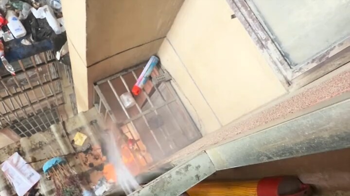 Someone upstairs, totally lacking in manners, tossed a burning object down, and it immediately set t