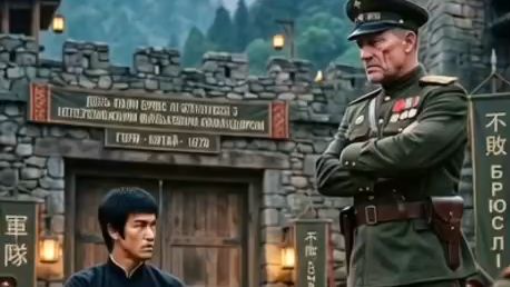 Bruceley demonstrates a kung fu move to a soldier.
