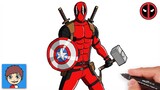 Cara Menggambar Deadpool dengan Captain America Shield dan Thor Hammer