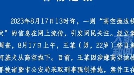 วันที่ 17 สิงหาคม ที่เมืองจู๋จี้ มณฑลเจ้อเจียง ตำรวจแถลงข่าวกรณีชายวัย 22 ปีโยนสุนัขพันธุ์คอร์กี้ของ