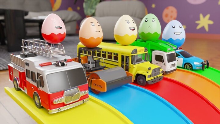 Colorful Playtime of Five Vehicles Sliding with a Splash of Balls!