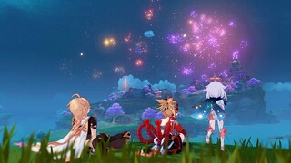 Genshin Impact 2.0 - Yoimiya, Aether & Paimon watch Inazuma Fireworks