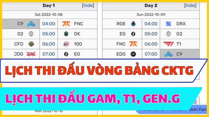 Lịch Thi Đấu Vòng Bảng CKTG - GAM T1 Gen G