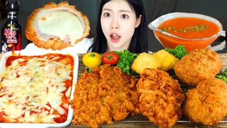 ASMR MUKBANG| 직접 만든 치즈 돈까스 불닭 파스타 먹방 & 레시피 FRIED CHEESE CUTLET AND FIRE NOODLES EATING