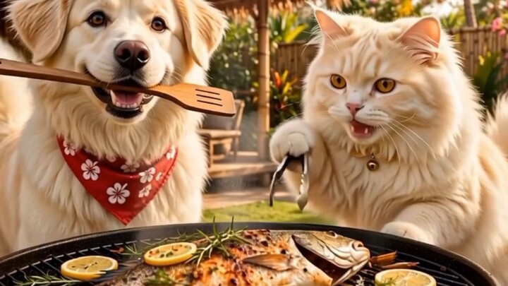 “When a Dog and Cat Team Up for a Delicious BBQ! 🐶🐱🔥🐟”#DogAndCat #CuteAnimals #FunnyAnimals #Ani