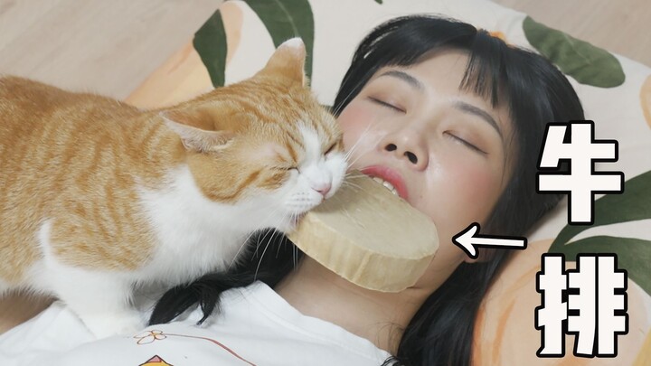 猫：只要我妈睡了，偷吃牛排就没有问题！主人：我装的