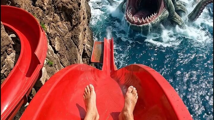 A terrifying water slide plunges toward a giant sea monster! 😱🌊 Would you dare to ride?