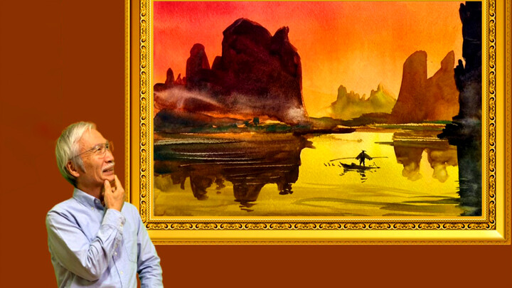 ภาพวาดสีน้ำ "ทัศนียภาพภูเขาลำน้ำกุ้ยหลิน" ของคุณปู่ชิบาซากิ 