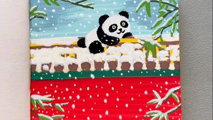Lukisan pemandangan panda di atap musim dingin, mudah dibuat hanya dengan spidol akrilik!