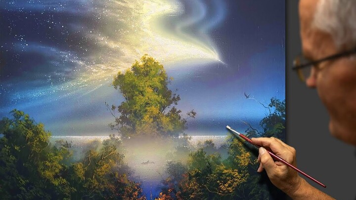 The galaxy and lakes shimmer together—brushstrokes weave miracles as light and shadow dance across t