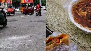 Toes digging the ground! A man was drinking spicy soup at a roadside stall when urban management off