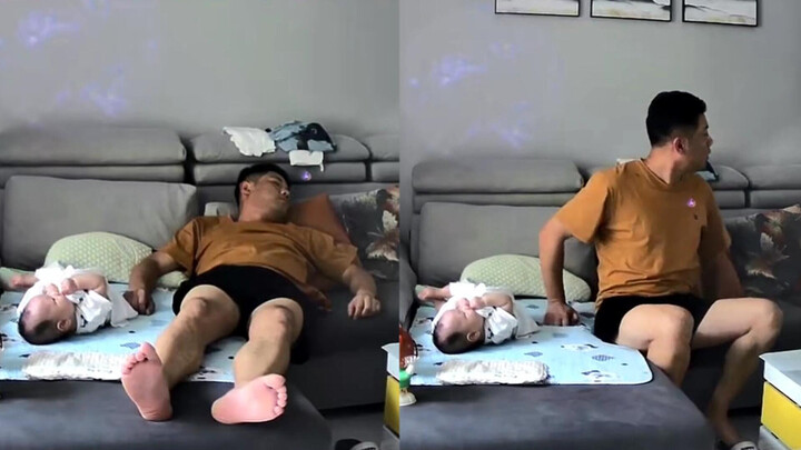 A dad was fast asleep while babysitting at home. As soon as he heard his wife come home, he snapped 