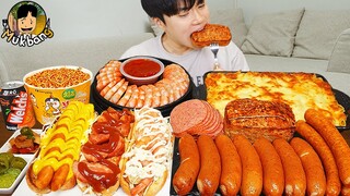 ASMR MUKBANG 직접 만든 대왕 소세지 불닭볶음면 핫도그 쉬림프링 먹방 & 레시피 FIRE NOODLES AND SAUSAGE EATING SOUND!