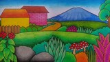 Menggambar pemandangan alam pegunungan || Menggambar rumah di pegunungan || Menggambar gunung