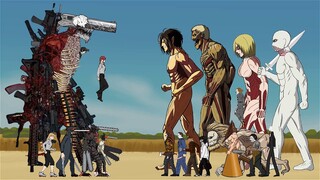 Chainsawman Devil, Gun Devil Team vs EREN TITAN, Warhammer Titan, Female Titan, Jaw, Horror Team