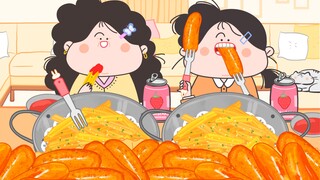 -Yanghuahua Animation Mukbang |ฉันกับแม่ดื่มด่ำกับเฟรนช์ฟรายส์และไส้กรอก~