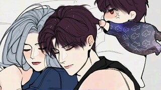 What is the sleeping position of the male protagonist of Love and Space after he has a child?