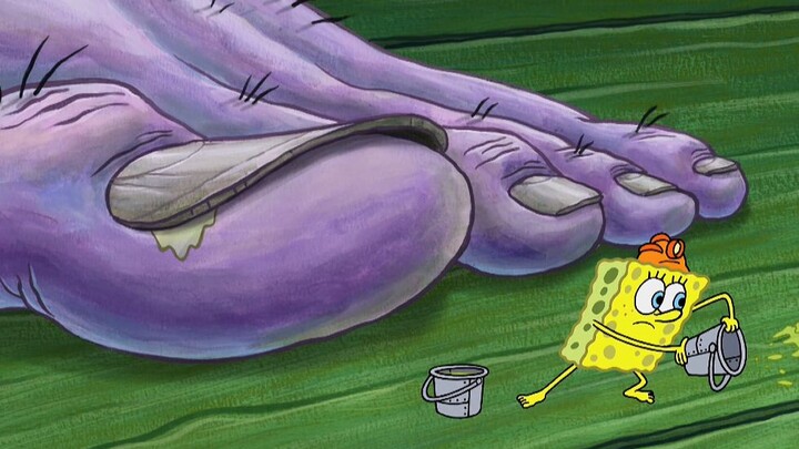 SpongeBob mulai bekerja membersihkan lumpur dari jari kakinya
