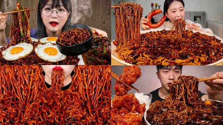 SPICY BLACK BEAN NOODLES ASMR MUKBANG COMPILATION