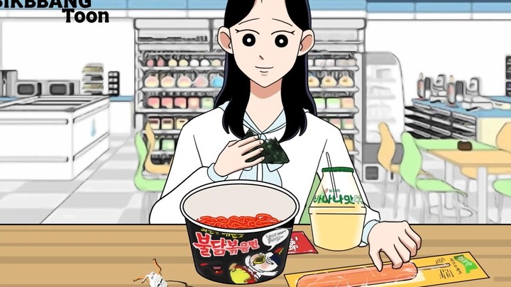 🍜Hoạt hình ẩm thực công nhân: Ăn Shin Ramyun/Cơm nắm tam giác/Xúc xích/Sữa chuối tại cửa hàng tiện l
