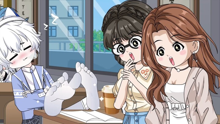 The boy was just taking a nap in the classroom and put his legs in white stockings on the desk, but 