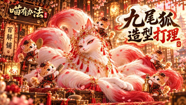 Nine-tailed fox care transformation—little cat actually uses the hairs Great Sage gave it...
